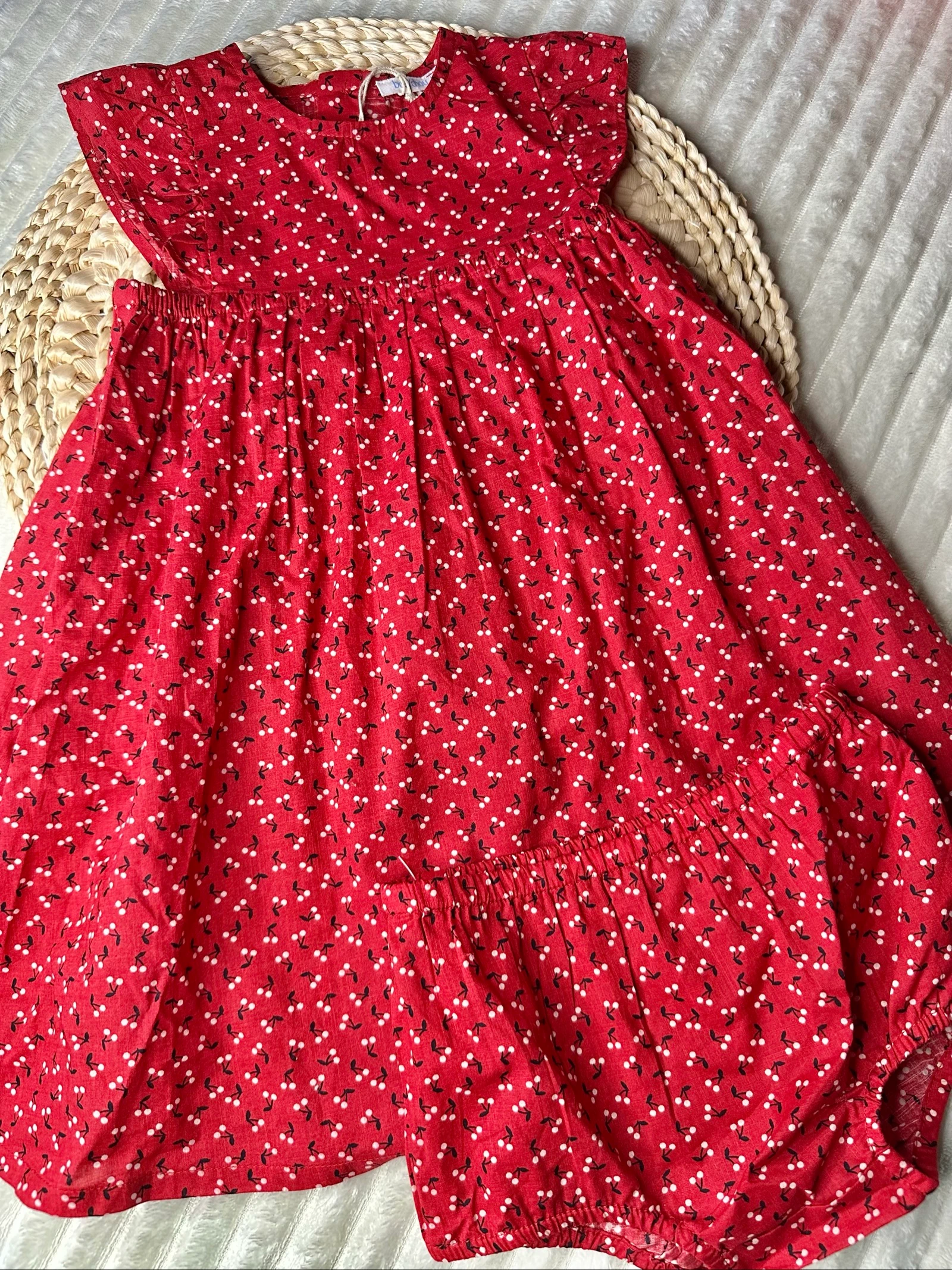 Robe manches courtes et son bloomer 18 mois rouge imprimé cerises 